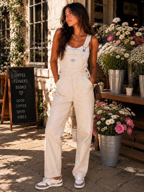 Levi's Denim - Levi’s Cream Yellow Pin Stripe Denim Straight Leg Jeans Overalls Women’s Small